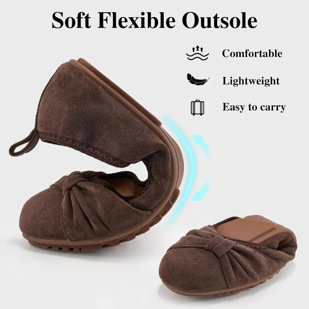 Women's Round Toe Elegant Bow knot Foldable Ballet Flats Loafers Brown Shoes